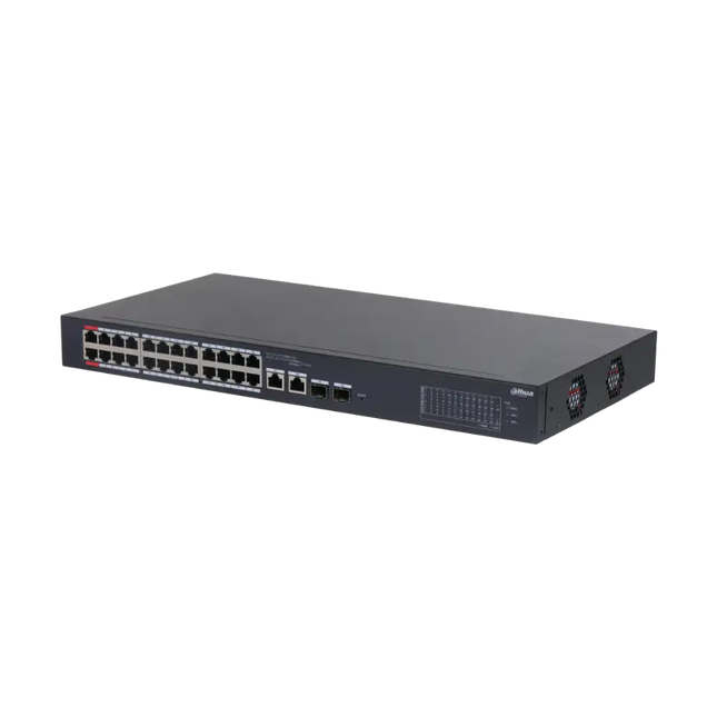 Dahua DH-CS4226-24ET-375 ports showing 24 PoE RJ45 and 2 combo uplinks (RJ45/SFP)