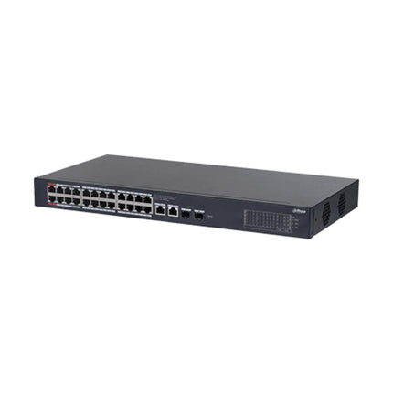 Front panel view of the Dahua DH-CS4228-24GT-375 smart managed Gigabit switch highlighting 24 Gigabit PoE ports, 2 RJ45 uplink ports, and 2 SFP fiber uplink slots.