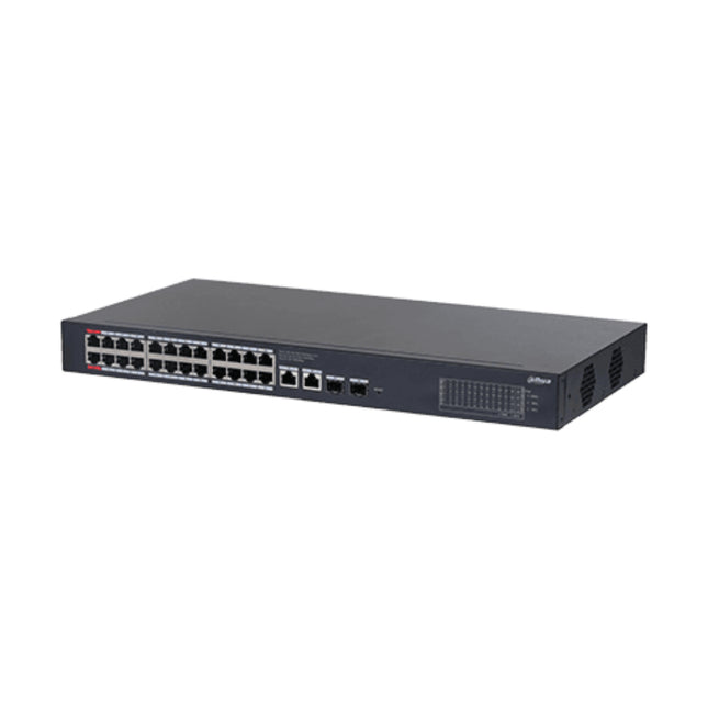 Front panel view of the Dahua DH-CS4228-24GT-375 smart managed Gigabit switch highlighting 24 Gigabit PoE ports, 2 RJ45 uplink ports, and 2 SFP fiber uplink slots.