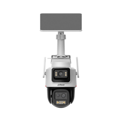 Dahua DH-IPC-PTS2649C-3E3Z-4GB20 3+3 MP WizColor 4G LTE solar-powered hybrid-zoom pan-tilt camera with built-in battery — front view showing dual lens housing and warm light array
