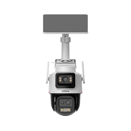 Dahua DH-IPC-PTS2649C-3E3Z-4GB20 3+3 MP WizColor 4G LTE solar-powered hybrid-zoom pan-tilt camera with built-in battery — front view showing dual lens housing and warm light array