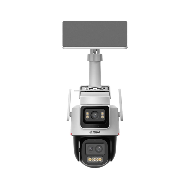 Dahua DH-IPC-PTS2649C-3E3Z-4GB20 3+3 MP WizColor 4G LTE solar-powered hybrid-zoom pan-tilt camera with built-in battery — front view showing dual lens housing and warm light array