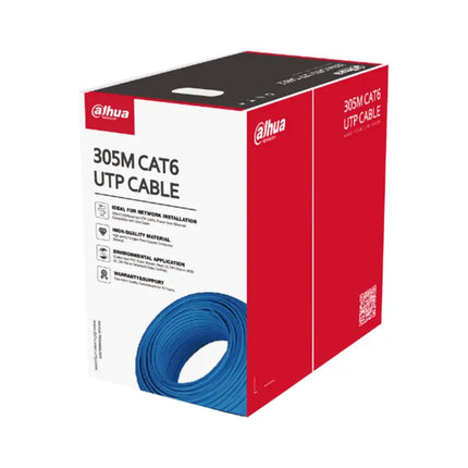 Dahua DH-PFM920I-6UN-C 305-meter blue CAT6 UTP network cable pull box packaging.