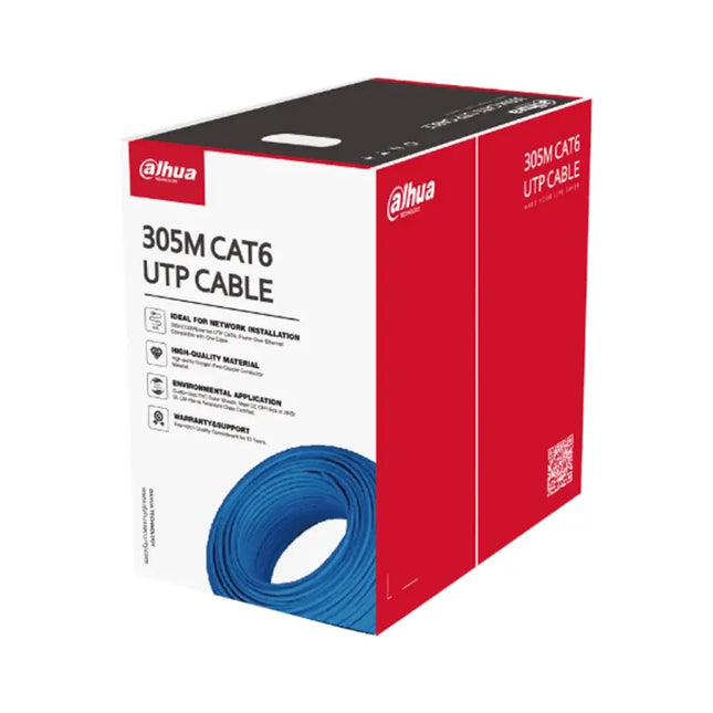 Dahua DH-PFM920I-6UN-C 305-meter blue CAT6 UTP network cable pull box packaging.