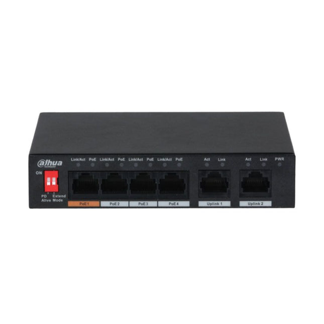 Front viewpoint of the Dahua DH-PFS3006-4ET-60 unmanaged desktop switch showcasing its 4 Fast Ethernet 10/100 Mbps PoE ports—featuring an orange-coded Port 1 for up to 60W Hi-PoE—alongside 2 dedicated 10/100 Mbps RJ45 uplink ports.