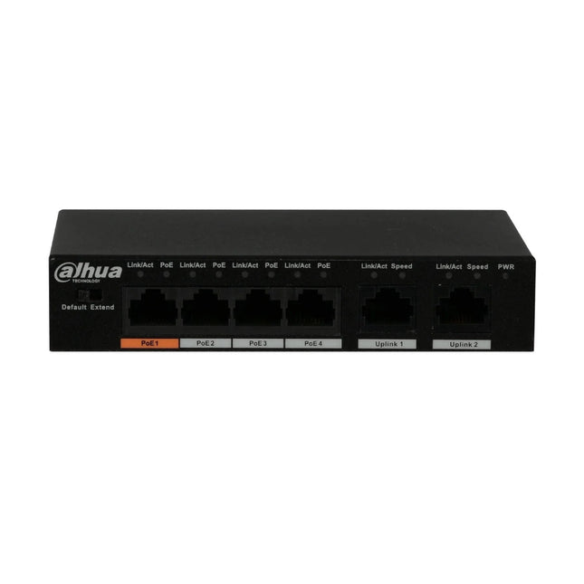Front panel view of the Dahua DH-PFS3006-4ET-60-V2 unmanaged 6-port network switch inside its compact, black metal desktop enclosure.