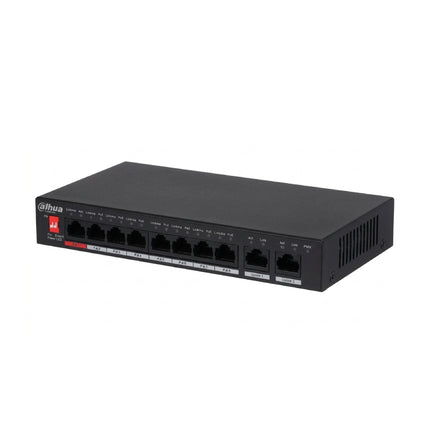 Front panel close-up highlighting the signature red Port 1 supporting up to 90W IEEE802.3bt power input, accompanied by seven standard 10/100 Mbps PoE ports.