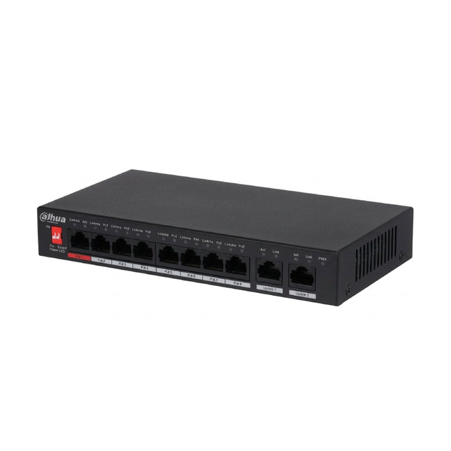 Front panel close-up highlighting the signature red Port 1 supporting up to 90W IEEE802.3bt power input, accompanied by seven standard 10/100 Mbps PoE ports.