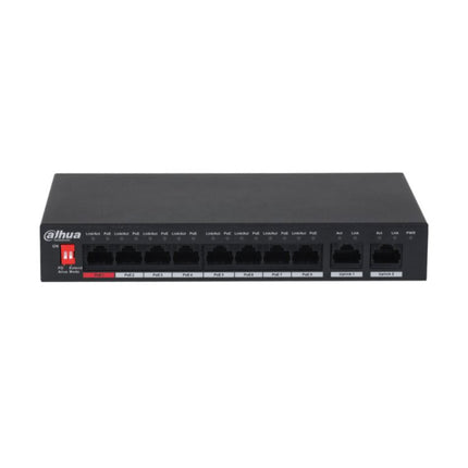 Front perspective layout of the Dahua DH-PFS3010-8ET-96-V2 desktop switch, showcasing its dark grey industrial metal casing and front diagnostic indicator lights.