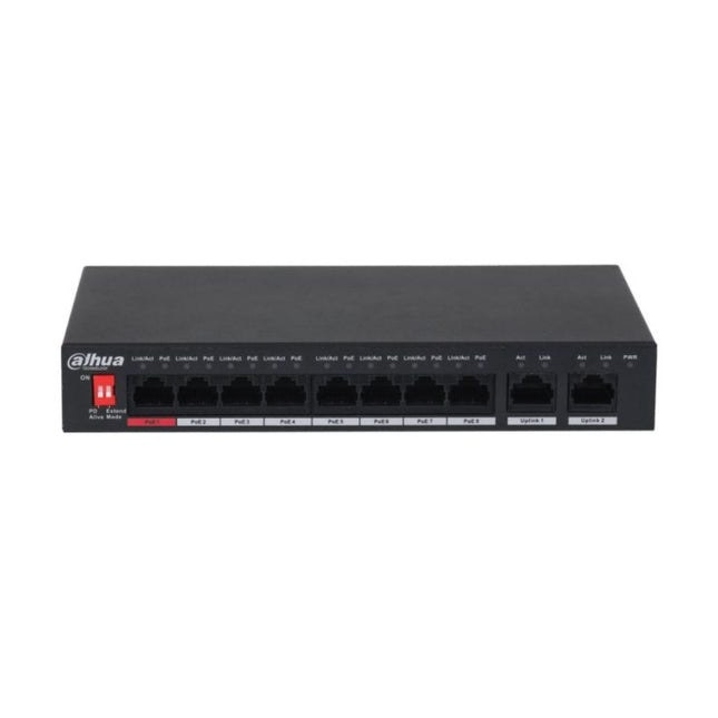 Front perspective layout of the Dahua DH-PFS3010-8ET-96-V2 desktop switch, showcasing its dark grey industrial metal casing and front diagnostic indicator lights.