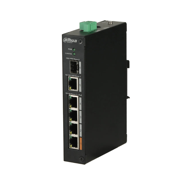 Front perspective of the Dahua DH-PFS3106-4ET-60-V2 hardened unmanaged Layer 2 PoE switch, featuring a rugged industrial metal chassis.