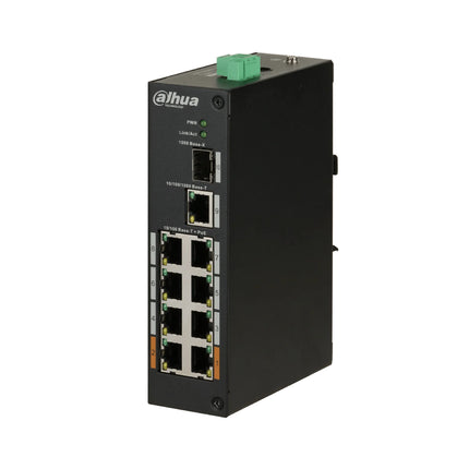 Front perspective layout of the Dahua DH-PFS3110-8ET-96-V2 unmanaged desktop network switch, featuring its industrial-grade black metal chassis and compact design.