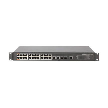 Front perspective of the Dahua DH-PFS4226-24ET-360 Layer 2 managed network switch inside a heavy-duty 1U rackmount black metal chassis.