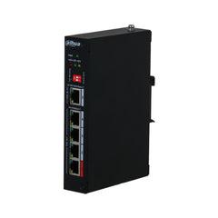 Front port layout of the Dahua DH-PFT1500 PoE extender featuring 1 Gigabit RJ45 PoE input port alongside 4 Fast Ethernet 10/100 Mbps PoE output ports with a red-coded high-power Port 1.