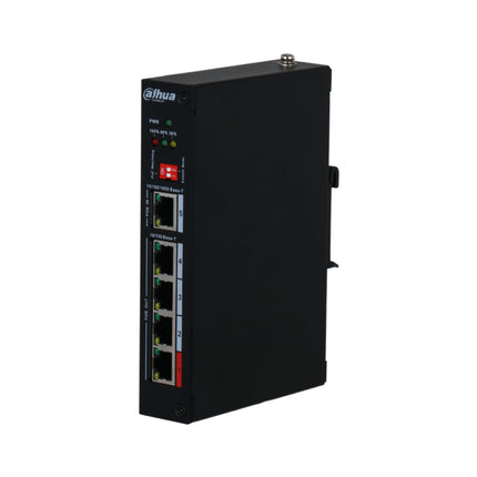Front port layout of the Dahua DH-PFT1500 PoE extender featuring 1 Gigabit RJ45 PoE input port alongside 4 Fast Ethernet 10/100 Mbps PoE output ports with a red-coded high-power Port 1.