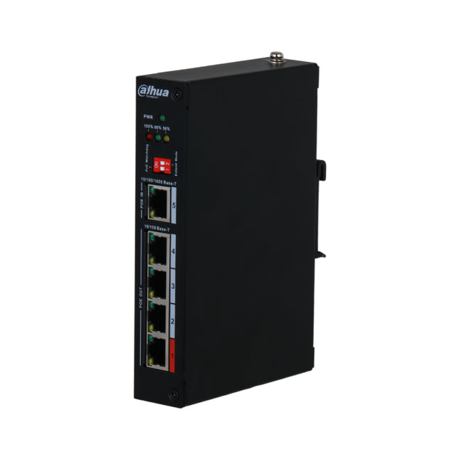 Front port layout of the Dahua DH-PFT1500 PoE extender featuring 1 Gigabit RJ45 PoE input port alongside 4 Fast Ethernet 10/100 Mbps PoE output ports with a red-coded high-power Port 1.