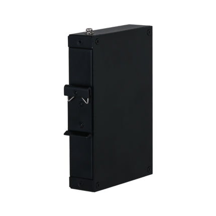 Isometric presentation of the full-metal, fanless compact gray industrial enclosure of the Dahua DH-PFT1500 network extender, optimized for desktop or integrated DIN-rail mounting.
