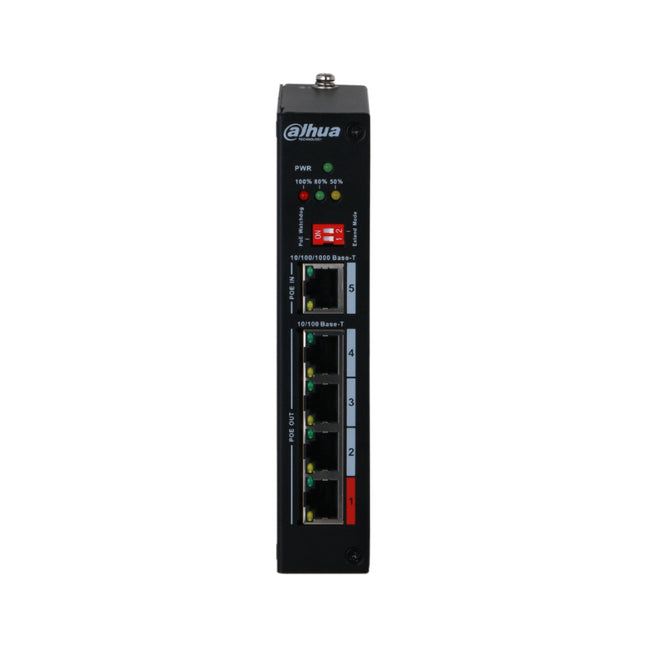 Detailed view of the diagnostic front panel interface on the Dahua DH-PFT1500 long-range PoE repeater showing integrated green power and network link status LED indicators.