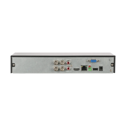 Dahua DH-XVR5104HS-I3-S3 rear panel showing 4 BNC inputs, HDMI, VGA, RJ-45 Ethernet, USB and 12 VDC power