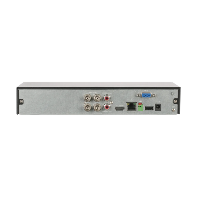 Dahua DH-XVR5104HS-I3-S3 rear panel showing 4 BNC inputs, HDMI, VGA, RJ-45 Ethernet, USB and 12 VDC power