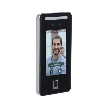 A close-up of the Dahua DHI-ASI6214J-MFW access terminal performing a high-speed facial recognition check, showcasing its deep-learning AI anti-spoofing technology and live video verification display.