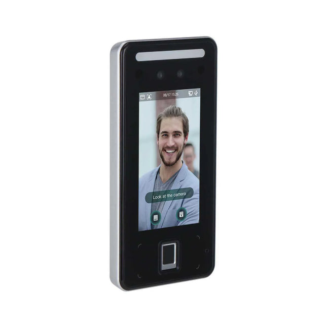 A close-up of the Dahua DHI-ASI6214J-MFW access terminal performing a high-speed facial recognition check, showcasing its deep-learning AI anti-spoofing technology and live video verification display.