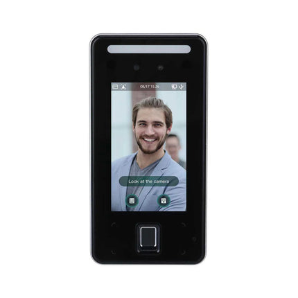 Front view of the Dahua FACT series DHI-ASI6214J-MFW access control terminal featuring its premium 4.3-inch touch screen display, dual-lens biometric camera, and built-in Mifare card scanning zone.