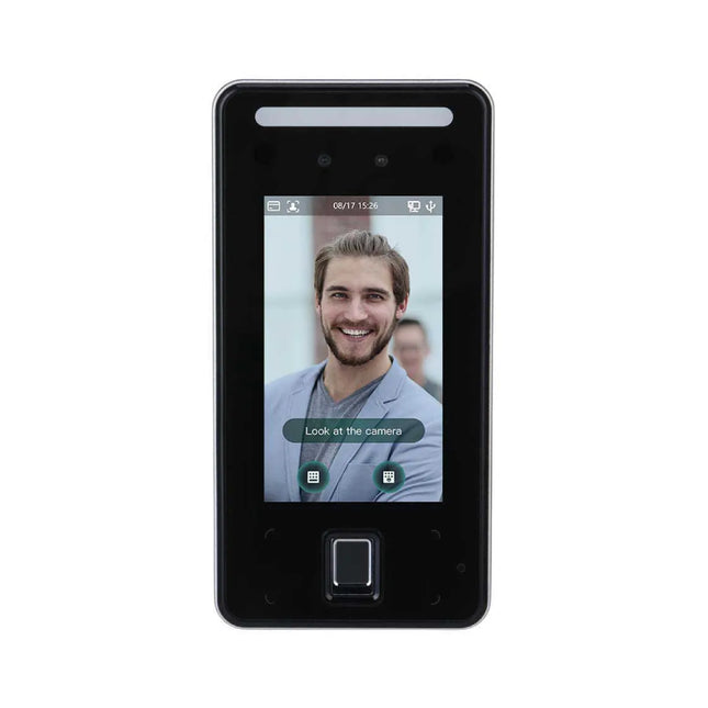 Front view of the Dahua FACT series DHI-ASI6214J-MFW access control terminal featuring its premium 4.3-inch touch screen display, dual-lens biometric camera, and built-in Mifare card scanning zone.