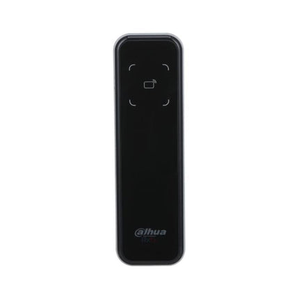 Front view of the slim Dahua DHI-ASR2200A waterproof access control reader showcasing its sleek black acrylic panel, tempered glass finish, and status indicator light.