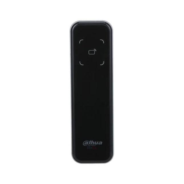 Front view of the slim Dahua DHI-ASR2200A waterproof access control reader showcasing its sleek black acrylic panel, tempered glass finish, and status indicator light.