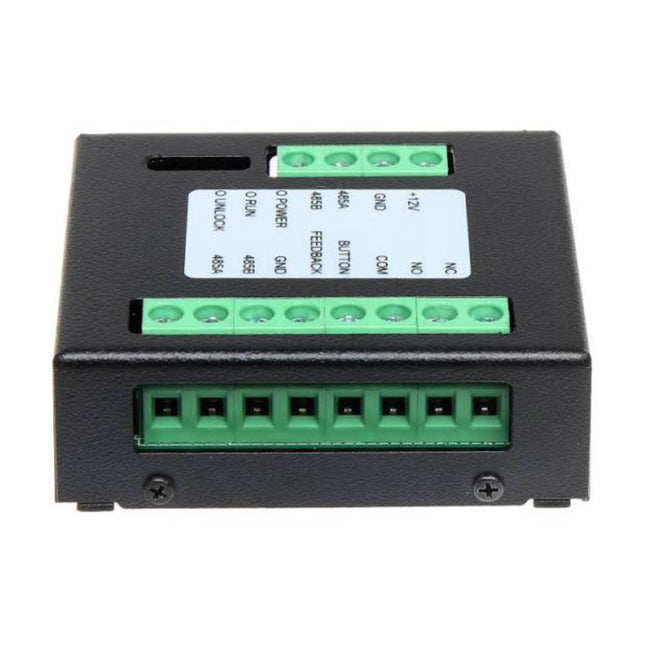 Front top-down view of the Dahua DHI-DEE1010B-S2 Access Control Extension Module showing the green wiring terminal blocks and status indicator lights on a white background.