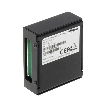 Close-up view of the Dahua DHI-DEE1010B-S2 terminal connection labels including RS-485, power supply, exit button, door sensor, and NO/NC lock controls.