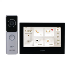Front view of Dahua DHI-KTW02 video intercom kit with indoor touchscreen and outdoor station