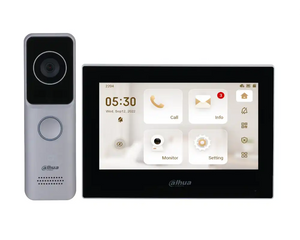 Front view of Dahua DHI-KTW02 video intercom kit with indoor touchscreen and outdoor station