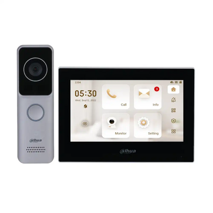 Front view of Dahua DHI-KTW02 video intercom kit with indoor touchscreen and outdoor station