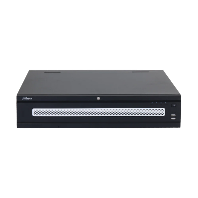 Dahua DHI-NVR608H-128-AI/ANZ 128-channel WizMind enterprise AI NVR 2U front view with drawer-style HDD bays and status LEDs