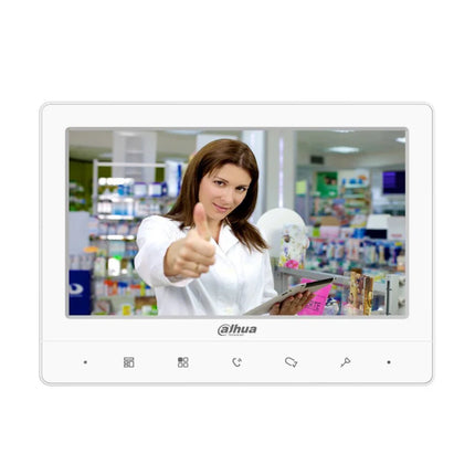 Front view of the Dahua DHI-VTH1020J 4-wire analog indoor intercom monitor in white, showcasing its 7-inch TFT display screen and clean modern bezels.
