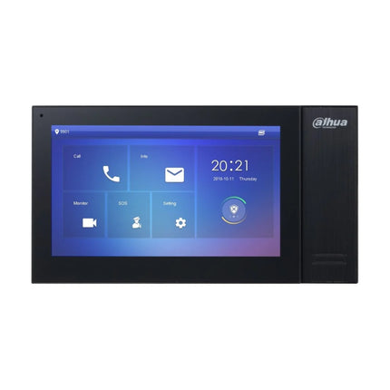 Front view of the Dahua DHI-VTH2421FB-P IP indoor intercom monitor in a premium black finish, showcasing its full-glass capacitive touchscreen display panel.