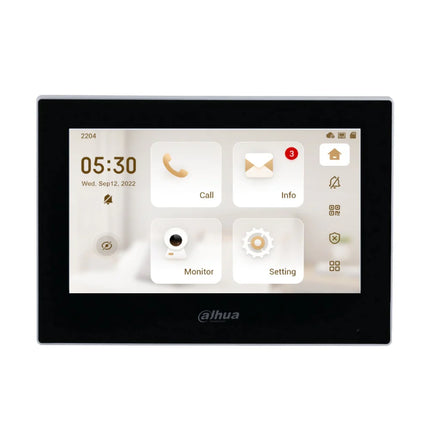 Front view of the Dahua DHI-VTH2621G-P 7-inch IP indoor intercom monitor in a premium black finish, showcasing its crisp capacitive touchscreen display panel.