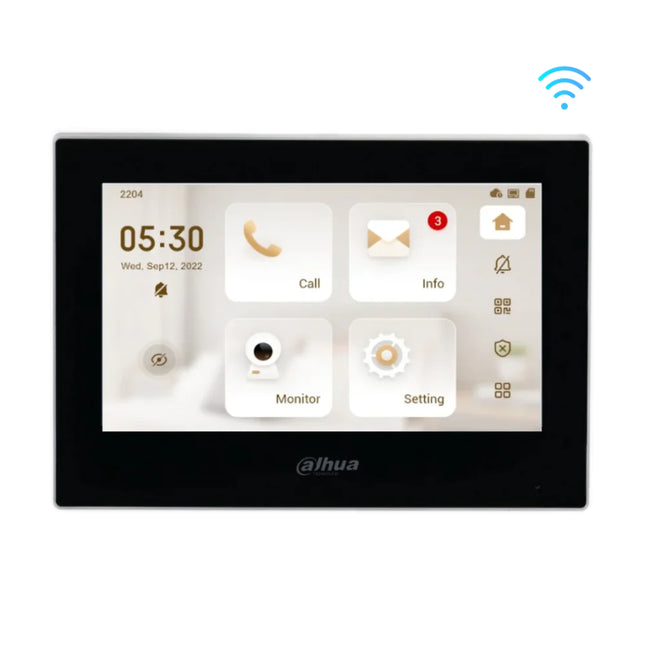 Front view of the Dahua DHI-VTH2621G-WP Lite Series 7-inch IP indoor intercom monitor in a sleek black finish, highlighting its capacitive touch screen display.
