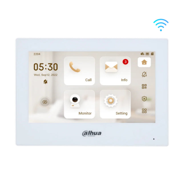 Front view of the Dahua DHI-VTH2621G-WP Lite Series 7-inch IP indoor intercom monitor in a sleek black finish, highlighting its capacitive touch screen display.