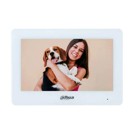 Front view of the Dahua DHI-VTH5123H-W 2-wire Wi-Fi hybrid indoor intercom monitor in white, showcasing its 7-inch capacitive touchscreen display and modern minimal bezel design.