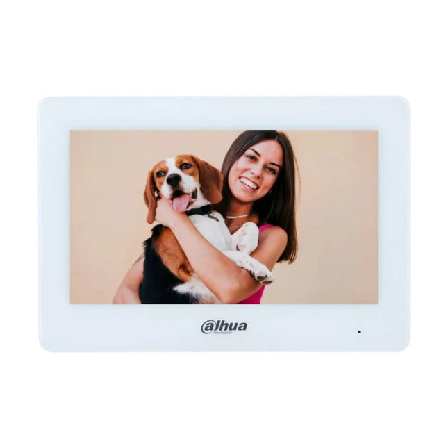 Front view of the Dahua DHI-VTH5123H-W 2-wire Wi-Fi hybrid indoor intercom monitor in white, showcasing its 7-inch capacitive touchscreen display and modern minimal bezel design.