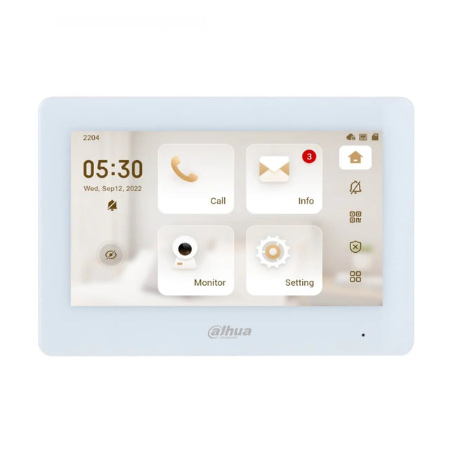 Front view of the Dahua DHI-VTH5422HW 2-wire IP indoor intercom monitor in a clean white finish, featuring a high-resolution 7-inch capacitive touchscreen display.