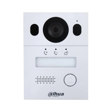 Front view of the Dahua DHI-VTO2003F 2-wire hybrid video intercom door station, featuring a premium silver aluminum alloy front panel, built-in camera lens, and a single mechanical call button with a customizable nameplate.