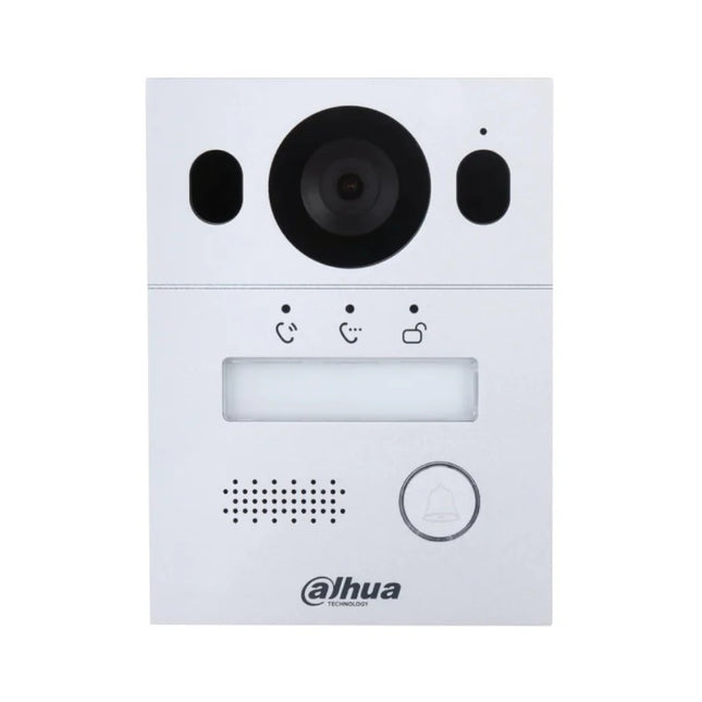 Front view of the Dahua DHI-VTO2003F 2-wire hybrid video intercom door station, featuring a premium silver aluminum alloy front panel, built-in camera lens, and a single mechanical call button with a customizable nameplate.