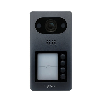 Front view of the Dahua 2-megapixel 4-button IP villa outdoor station intercom featuring a sleek aluminum panel, built-in camera lens, and four mechanical call buttons.
