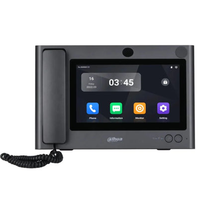 Front view of the Dahua DHI-VTS5A40B 10-inch Android intercom master station in titanium gray, featuring its large capacitive touchscreen display panel and side-mounted security handset.