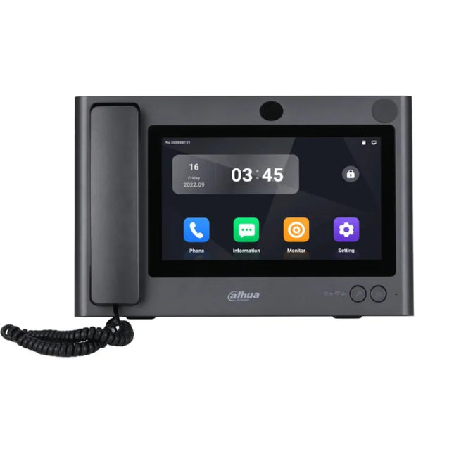 Front view of the Dahua DHI-VTS5A40B 10-inch Android intercom master station in titanium gray, featuring its large capacitive touchscreen display panel and side-mounted security handset.