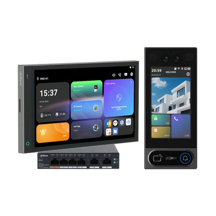 Dahua VTO6631-WP door station in black and silver with 10.1-inch and 7-inch SCP Android 14 smart control panels bundle